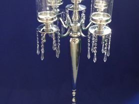 Candelabro de ferro com cúpula prata com pingente 5 velas - 97 cm