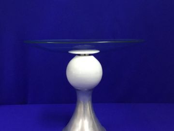Fruteira vidro / inox com bola branca porcelana -39x32 cm