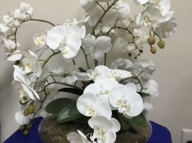 Vaso de vidro  redondo c/ 8 orquídeas brancas